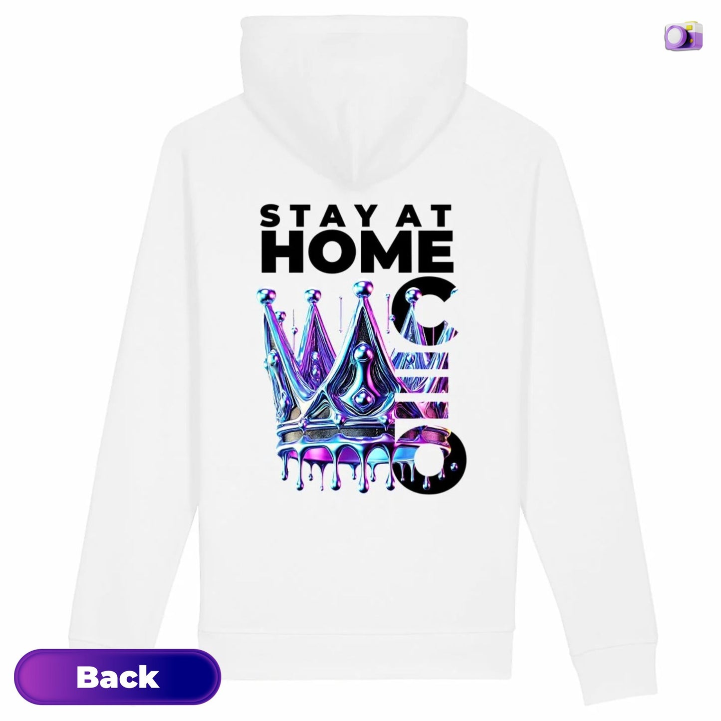 Stay at Home CEO Hoodie in white, made from organic cotton. Back view showing print on a flat surface.
