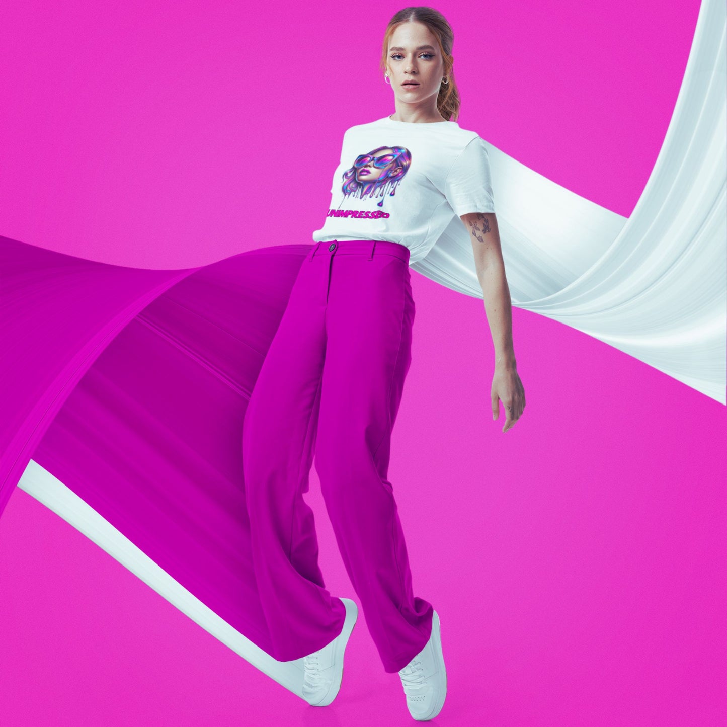 Unimpressed Shirt in white, made from organic cotton. Model showing front view while jumping in artistic edit.