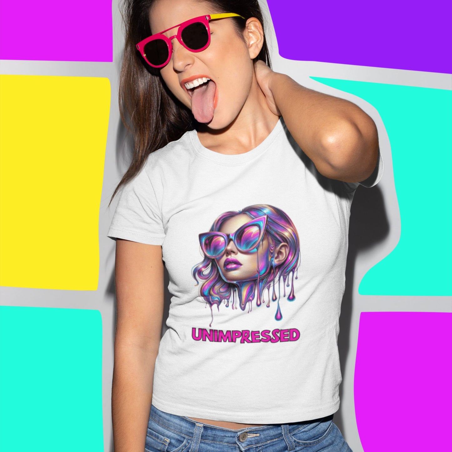 Unimpressed Shirt in white, made from organic cotton. Model showing front view while sticking her tongue out.