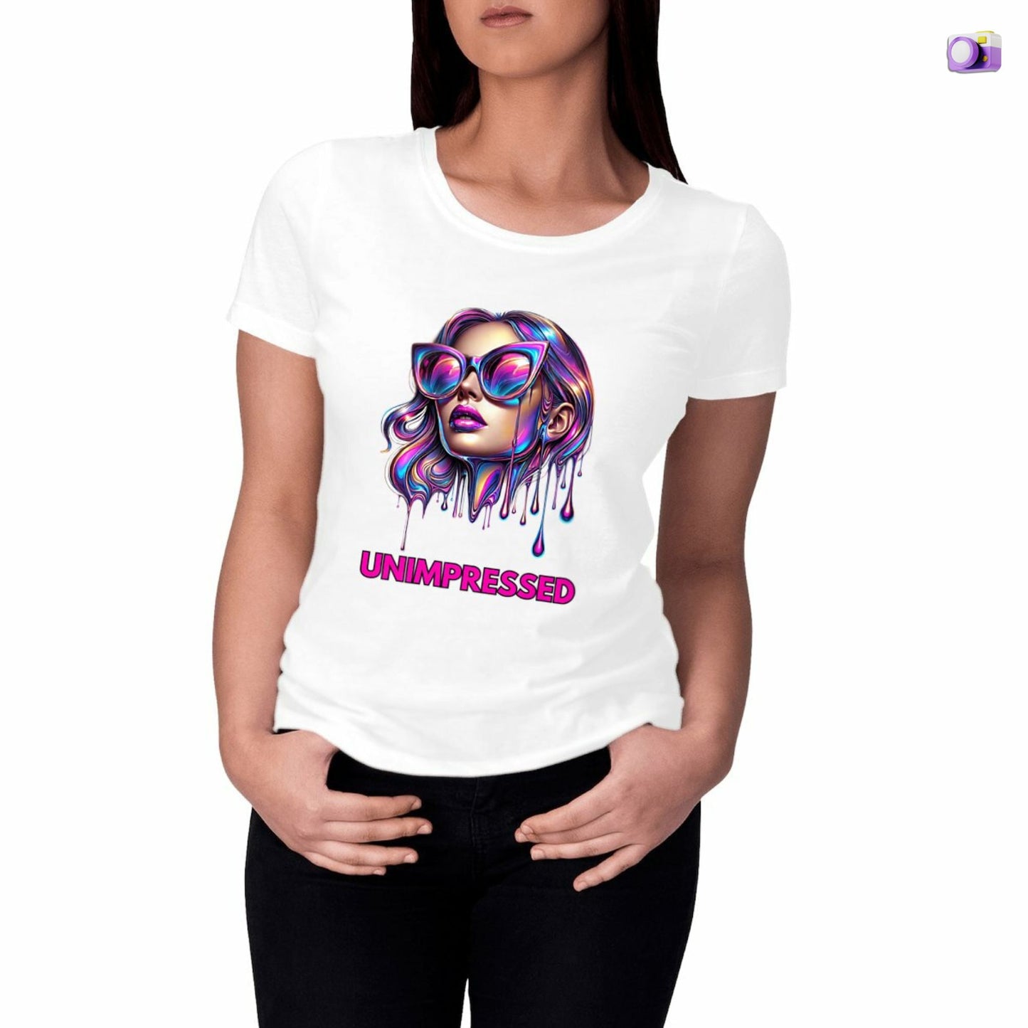 Unimpressed Shirt in white, made from organic cotton. Model showing front view on a white background.