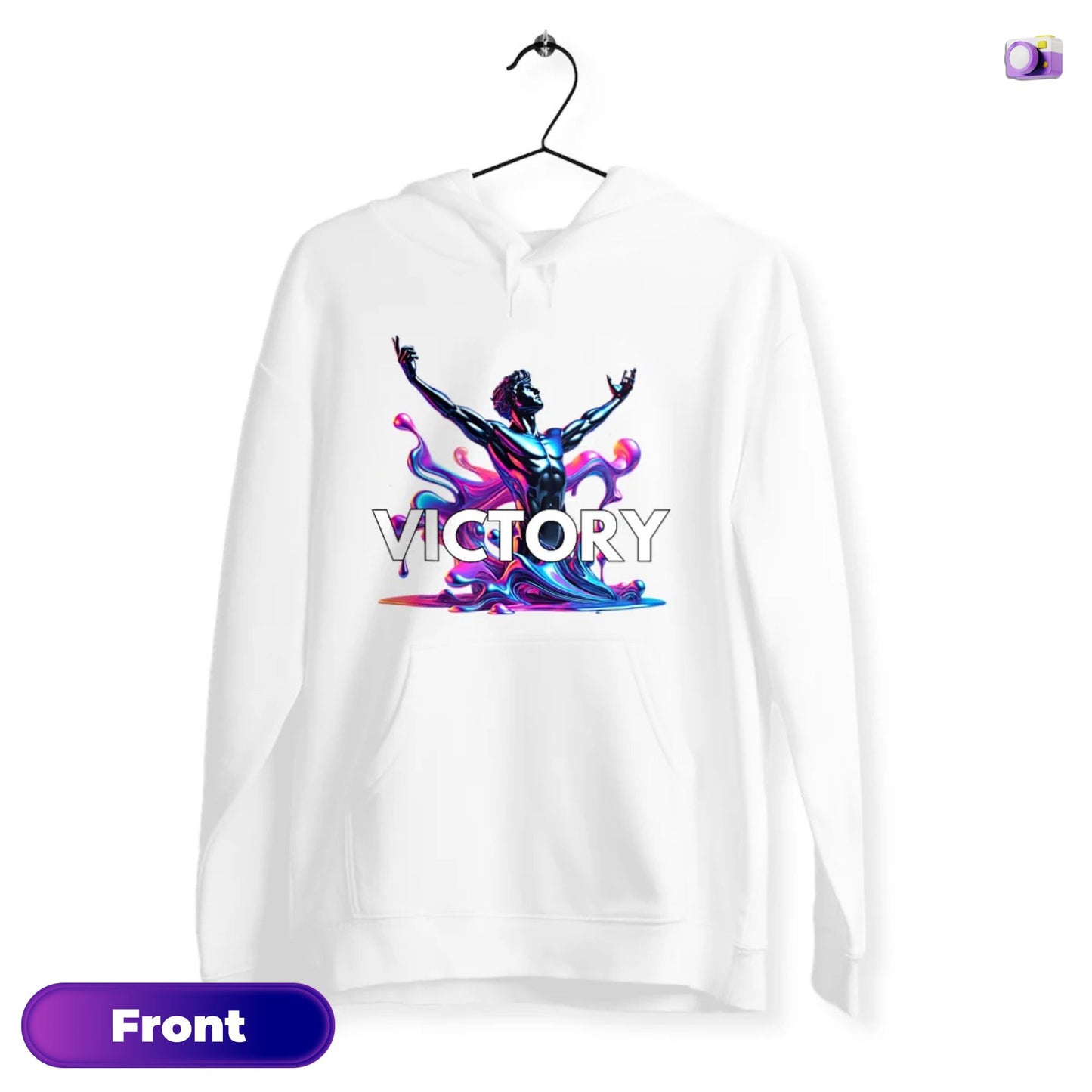 Victory Hoodie in white, made from organic cotton. Front view showing print on a flat surface.