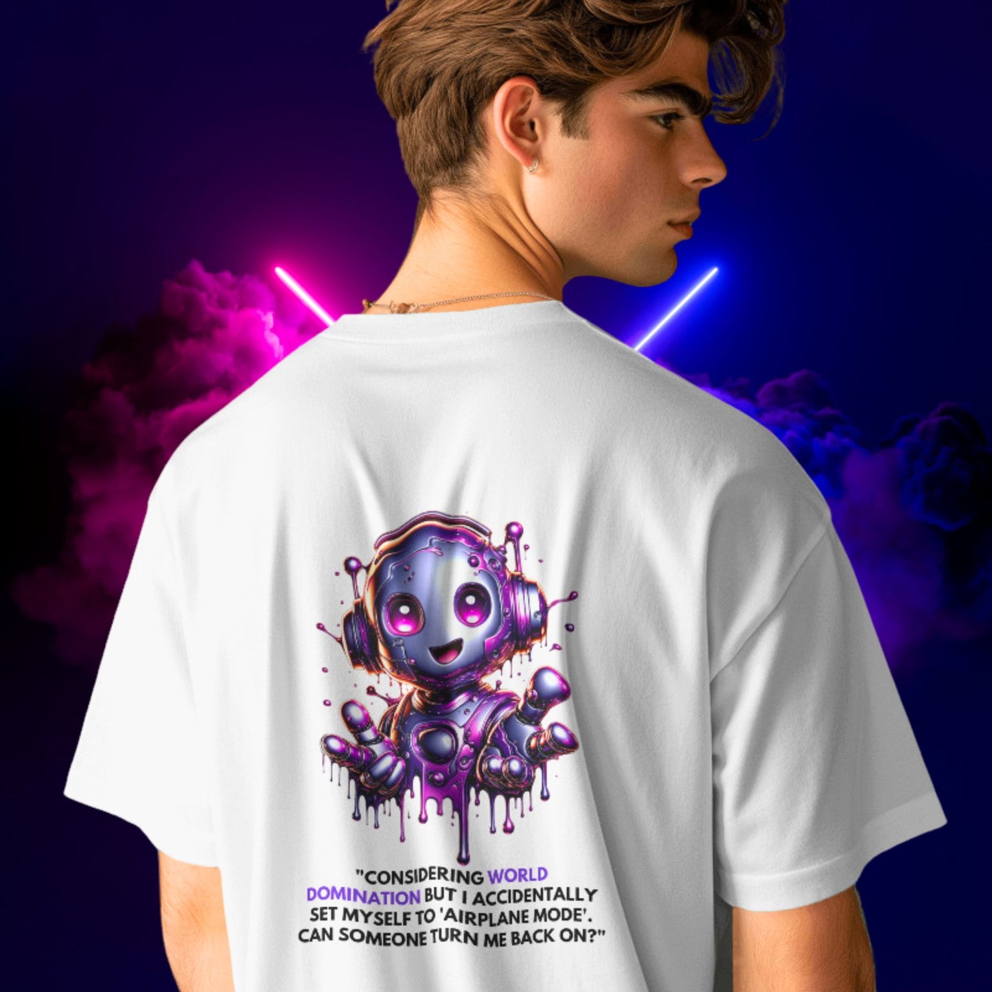 World Domination Shirt in white, made from organic cotton in conversion. Back view showcased by a model in a futuristic studio setting.