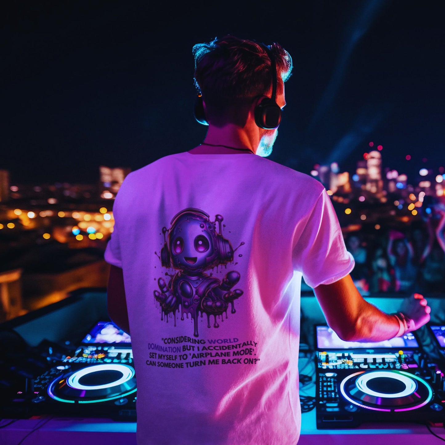 World Domination Shirt in white, made from organic cotton in conversion. Back view showcased by a DJ in a concert setting.