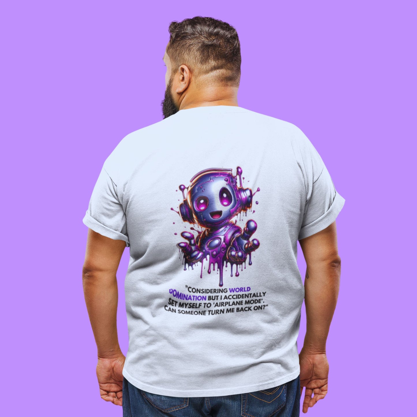 World Domination Shirt in white, made from organic cotton in conversion. Back view showcased by a plus size male model on a purple background.