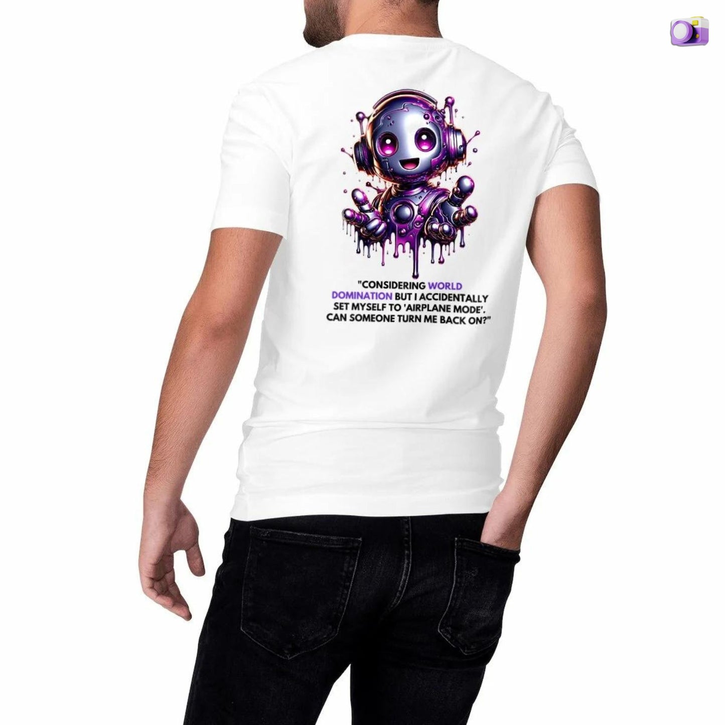 World Domination Shirt in white, made from organic cotton in conversion. Male model showcasing the shirt in a studio setting.