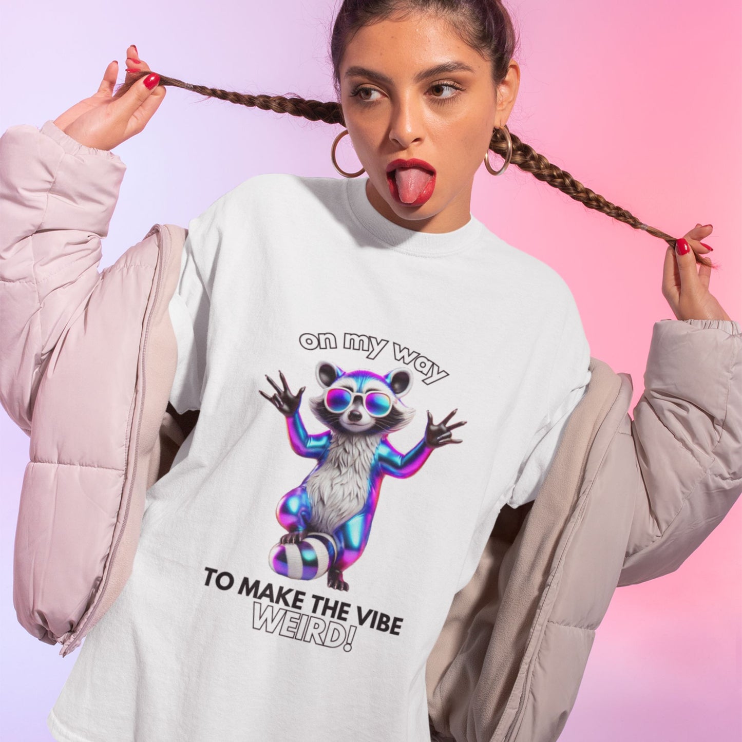On my way to make the vibe weird Raccoon Shirt in white, made from organic cotton. Front view showcased by a model.