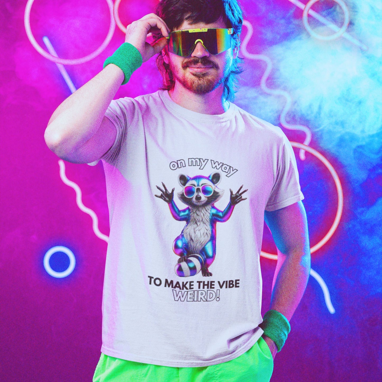 On my way to make the vibe weird Raccoon Shirt in white, made from organic cotton. Front view showing print.
