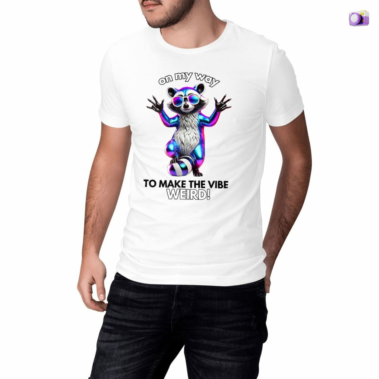 On my way to make the vibe weird Raccoon Shirt in white, made from organic cotton. Model showcasing front print.