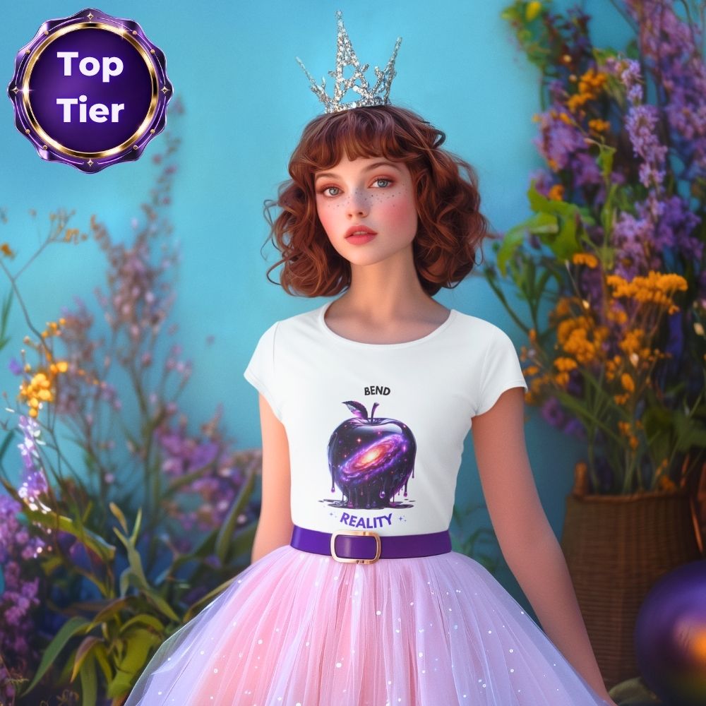 Woman wearing a white t-shirt with a galaxy-themed design and a pink skirt, surrounded by flowers.