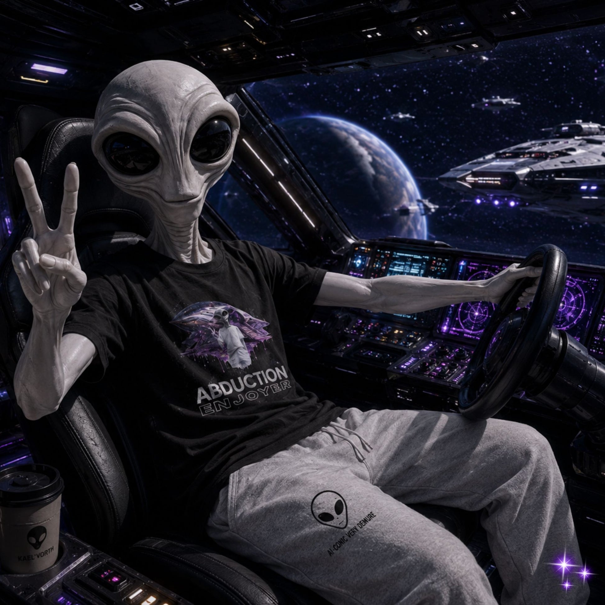 Alien wearing a t-shirt in a spaceship.