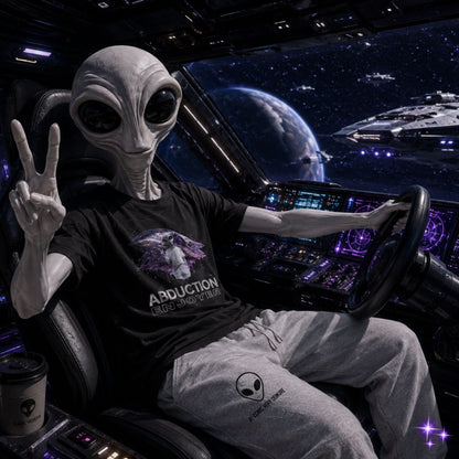 Alien wearing a t-shirt in a spaceship.