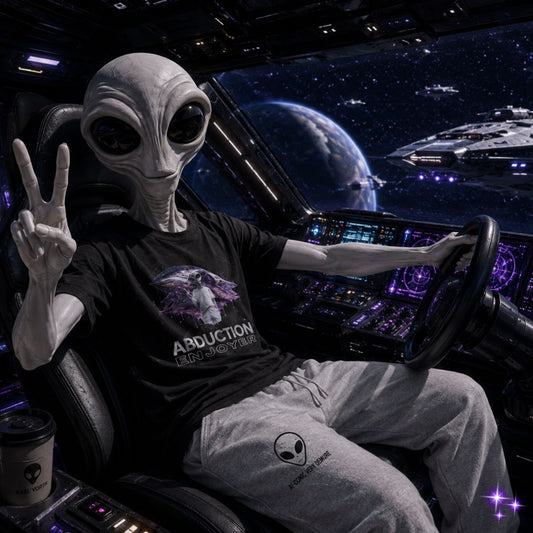 Alien wearing a t-shirt in a spaceship.