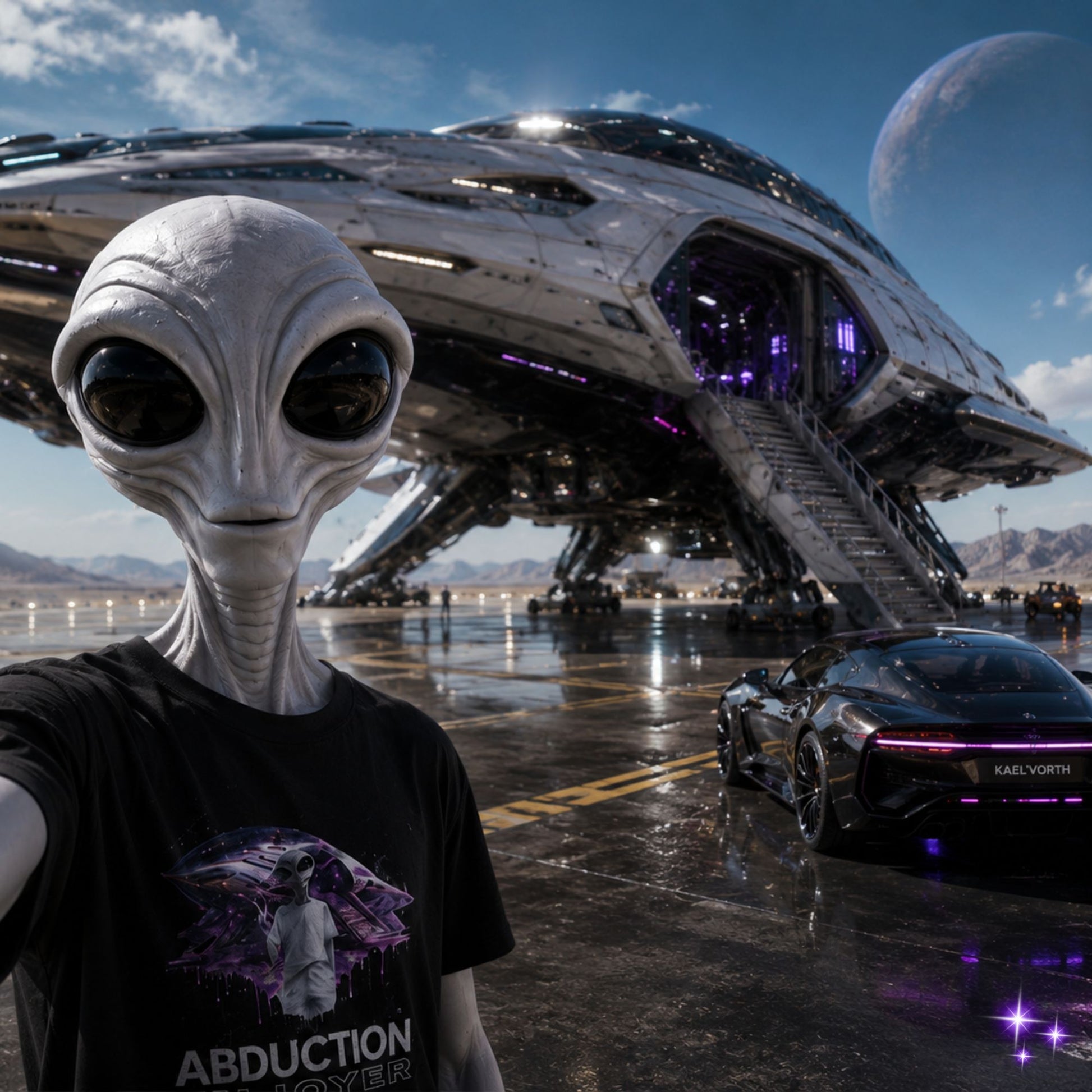 Alien with a futuristic spaceship and car in the background