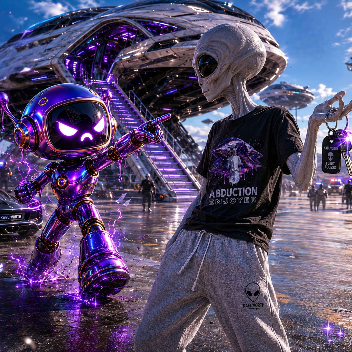 Alien and robot fighting in front of a spaceship.