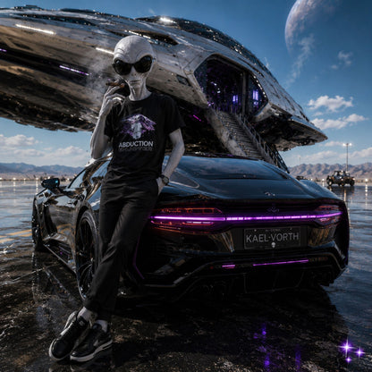 Alien standing next to a futuristic car with a spaceship in the background