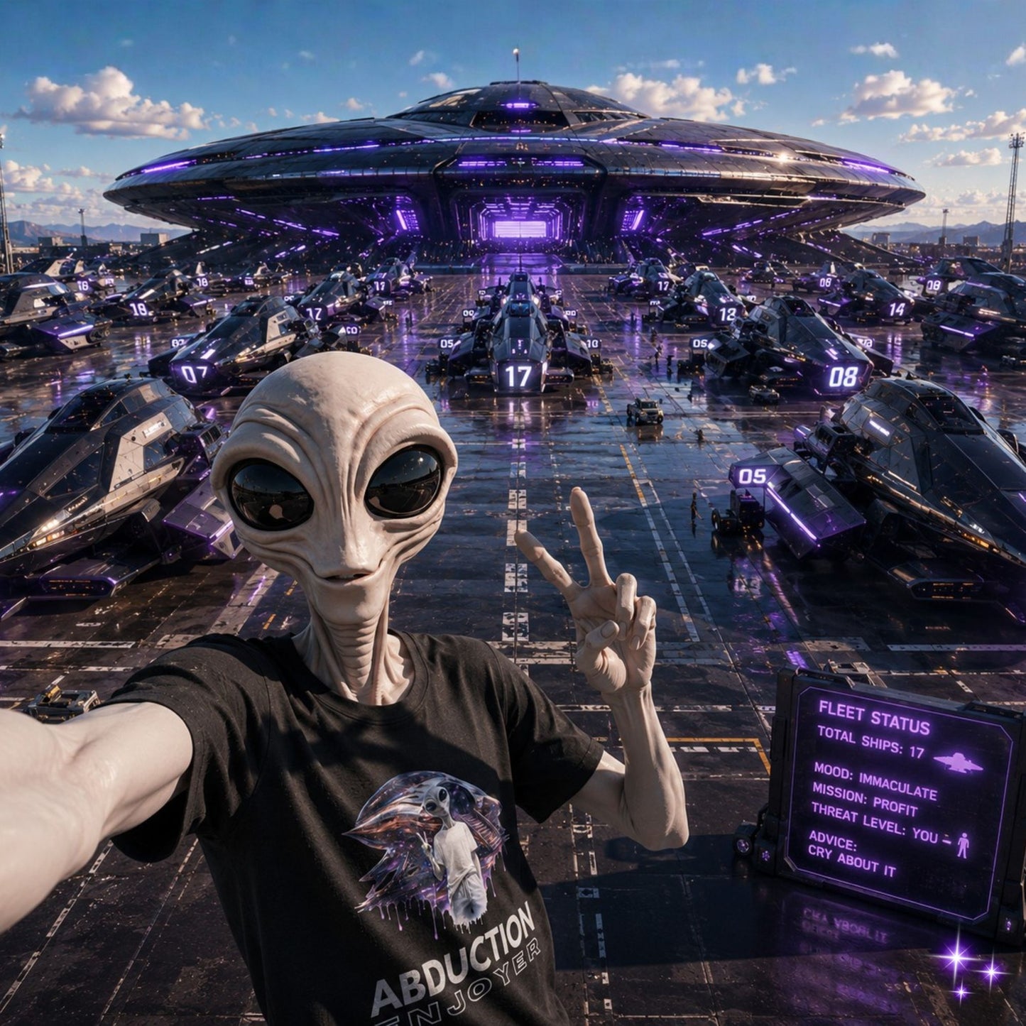 Alien in front of a futuristic spaceship fleet on a city street.