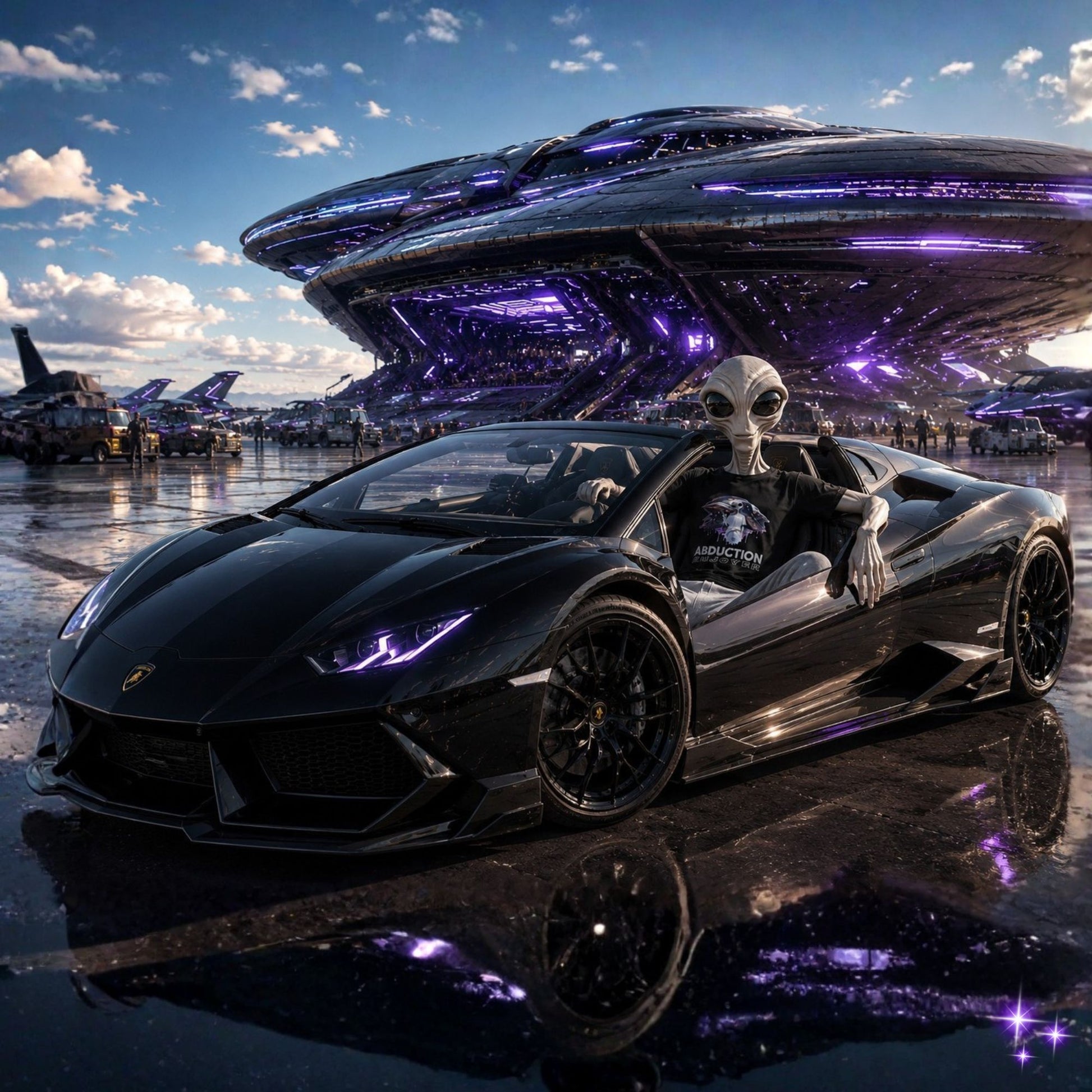 Black sports car with an alien figure in a futuristic setting
