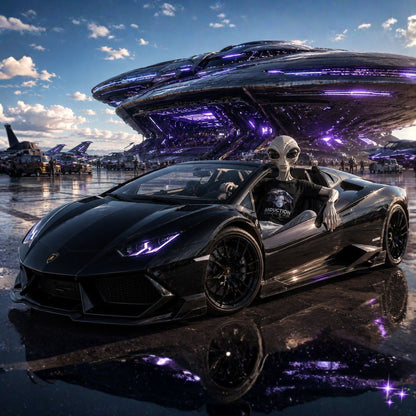 Black sports car with an alien figure in a futuristic setting