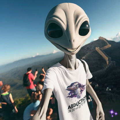 Alien wearing a white shirt with a scenic background