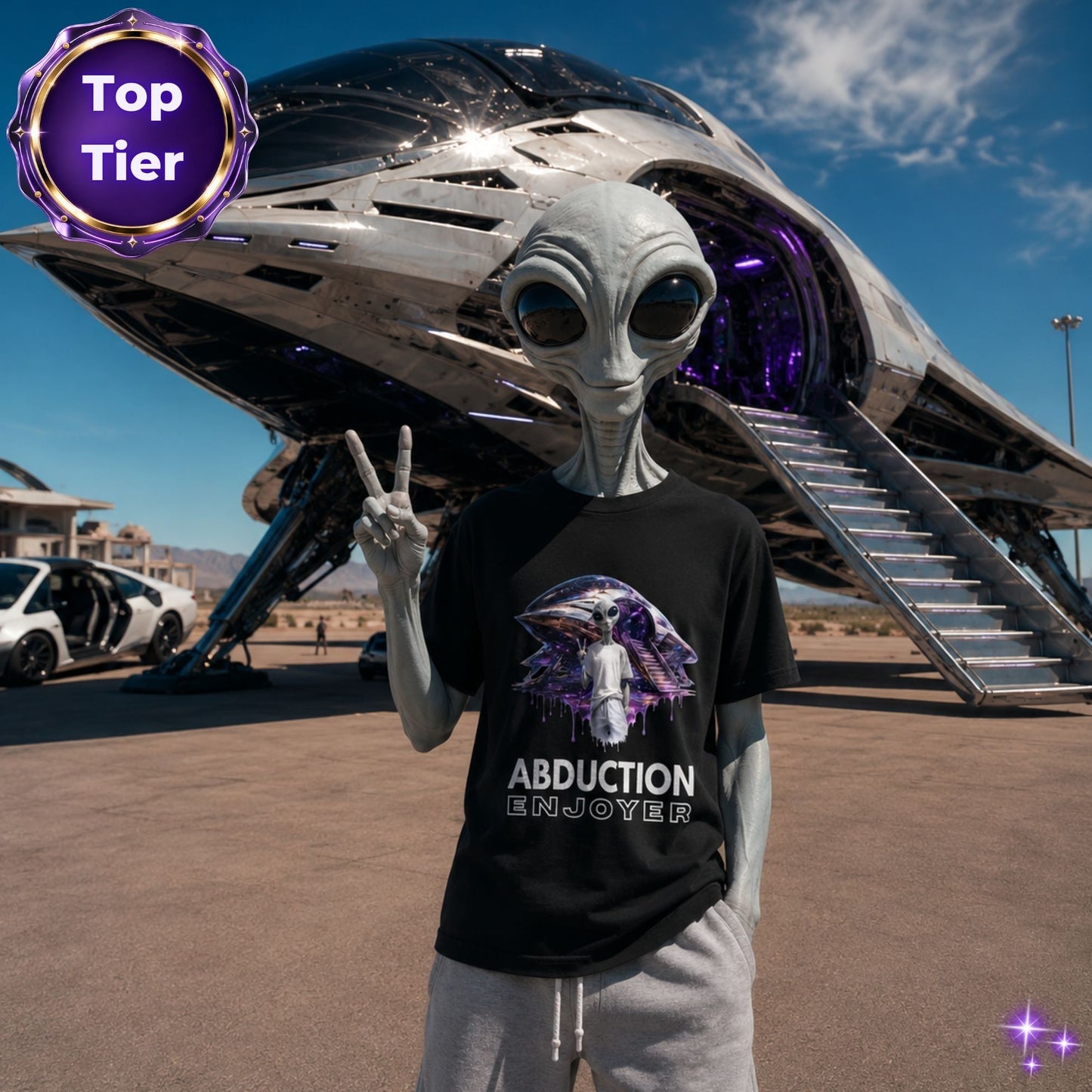 Alien wearing an 'Abduction Enjoyer' t-shirt in front of a large alien spacecraft.