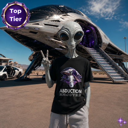 Alien wearing an 'Abduction Enjoyer' t-shirt in front of a large alien spacecraft.