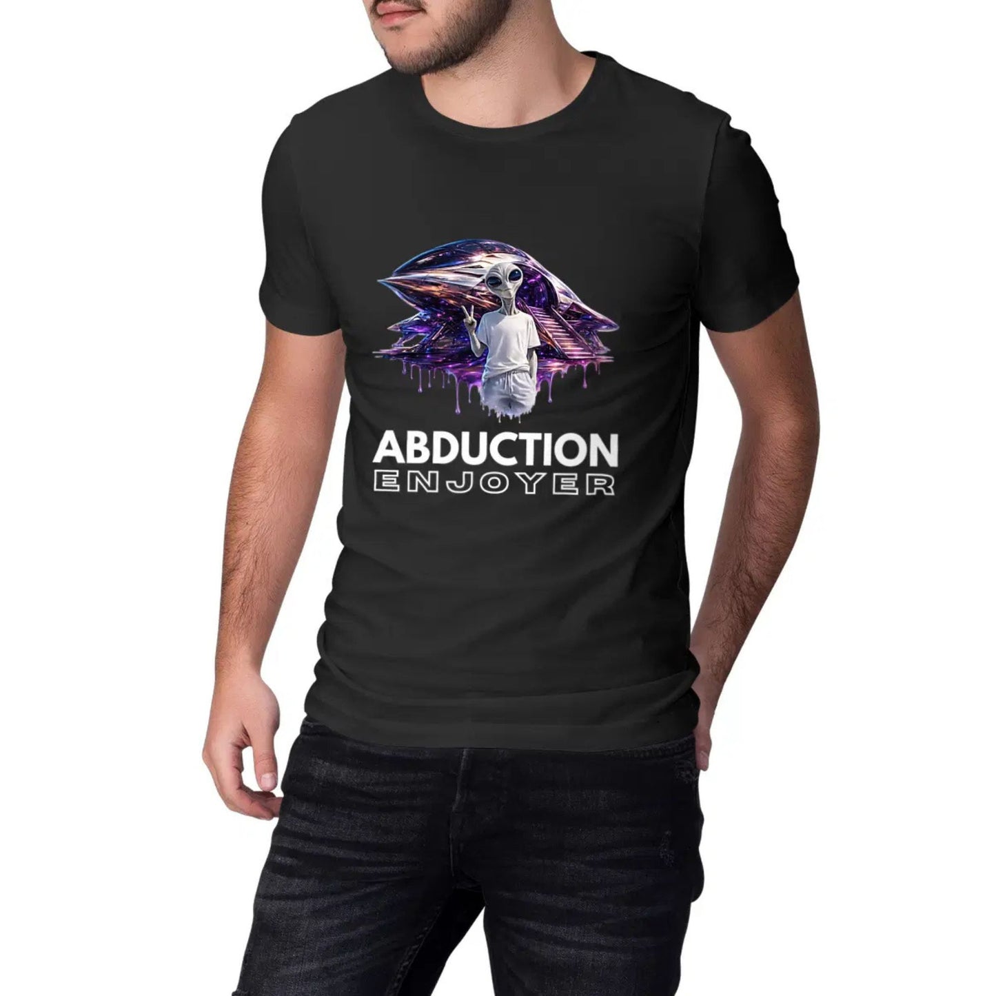Person wearing a black t-shirt with a graphic design and text 'Abduction Enjoyer' on a white background