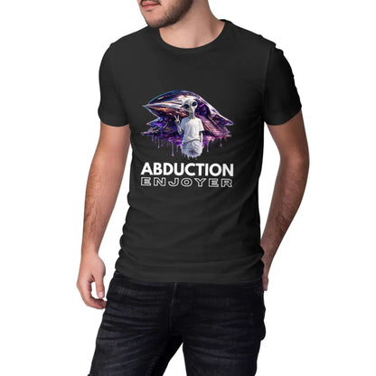Person wearing a black t-shirt with a graphic design and text 'Abduction Enjoyer' on a white background