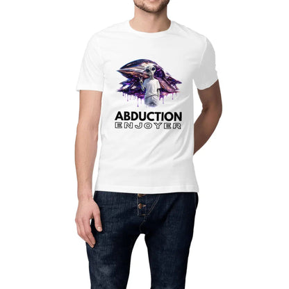 Person wearing a white t-shirt with alien abduction graphic and text