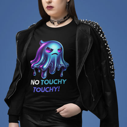 Angry Ghost Sweatshirt in black, made from organic cotton. Model showcasing front view styled with vegan leather jacket.