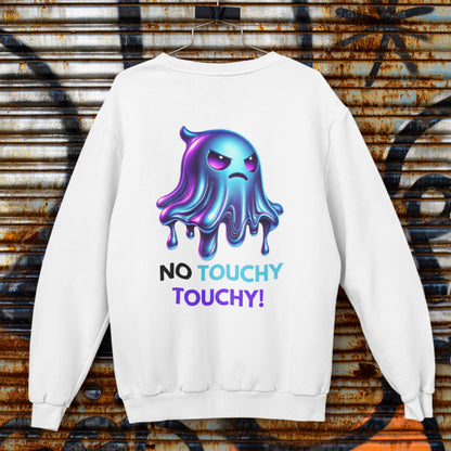 Angry Ghost Sweatshirt in white, made from organic cotton. Front view showing print on flat surface.