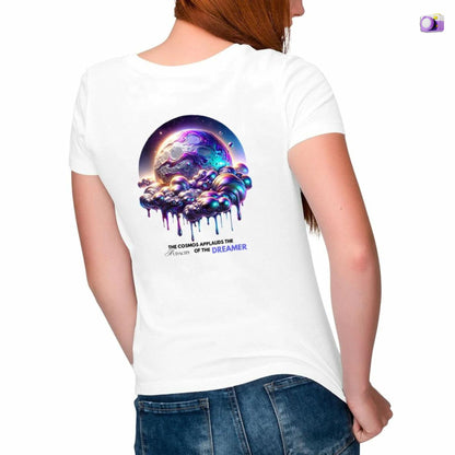 Audacity of the Dreamer Shirt in white, made from organic cotton in conversion. Back view showcased showcased by a female model on a white background.