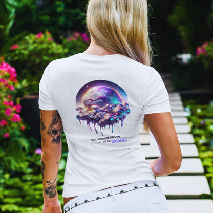 Audacity of the Dreamer Shirt in white, made from organic cotton in conversion. Blonde female model showcasing the back view of the shirt in a lifestyle setting.