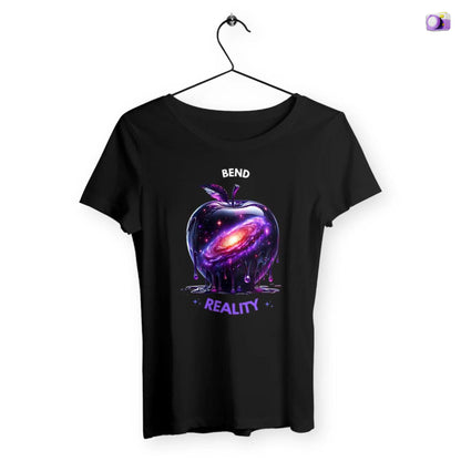 Bend Reality Shirt in black, made from organic cotton in conversion. Front view showcased on a flat surface and white background.