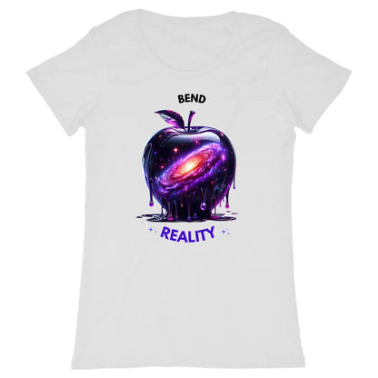 White t-shirt with a galaxy-themed apple design and 'Bend Reality' text on a white background