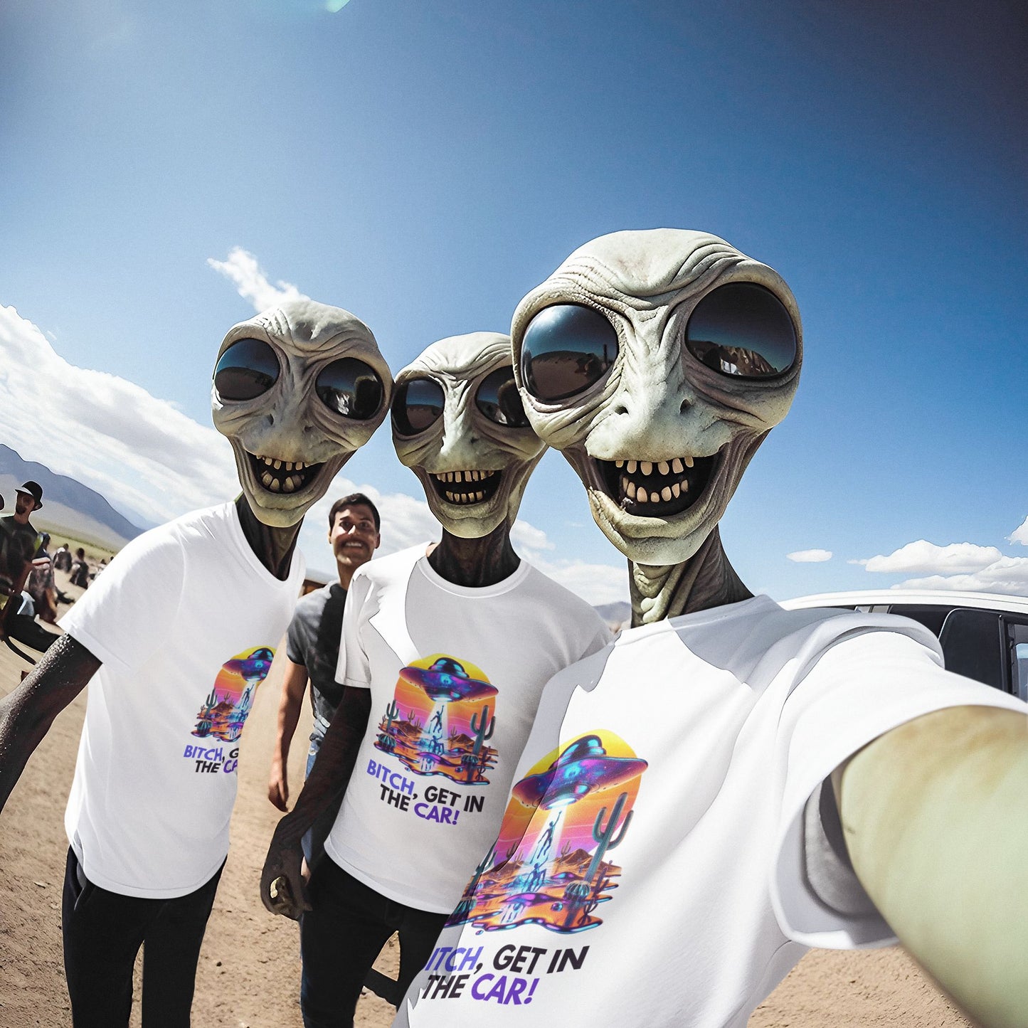 Bitch, get in the car Alien Abduction Shirt in white, made from organic cotton. Front view showing print modeled by three aliens.