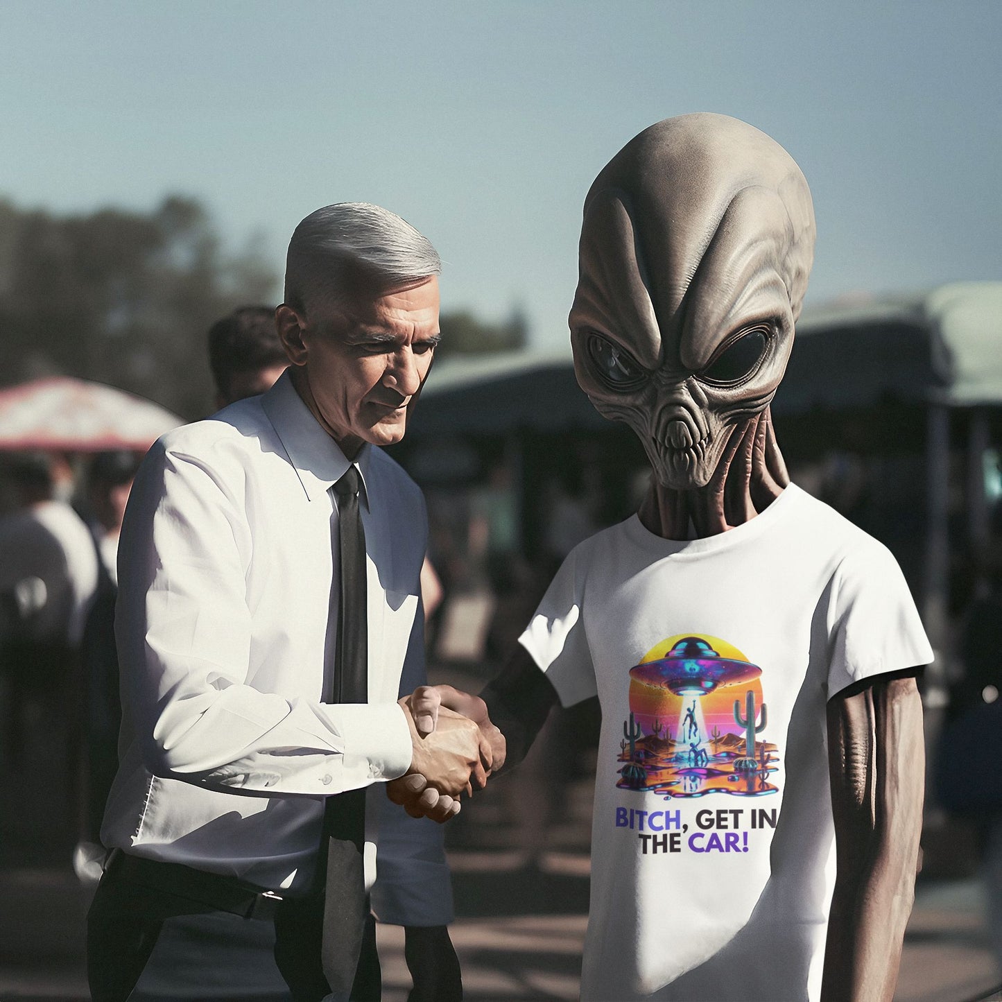 Bitch, get in the car Alien Abduction Shirt in white, made from organic cotton. Alien model wearing the shirt shaking the hand of a politician in a suit.