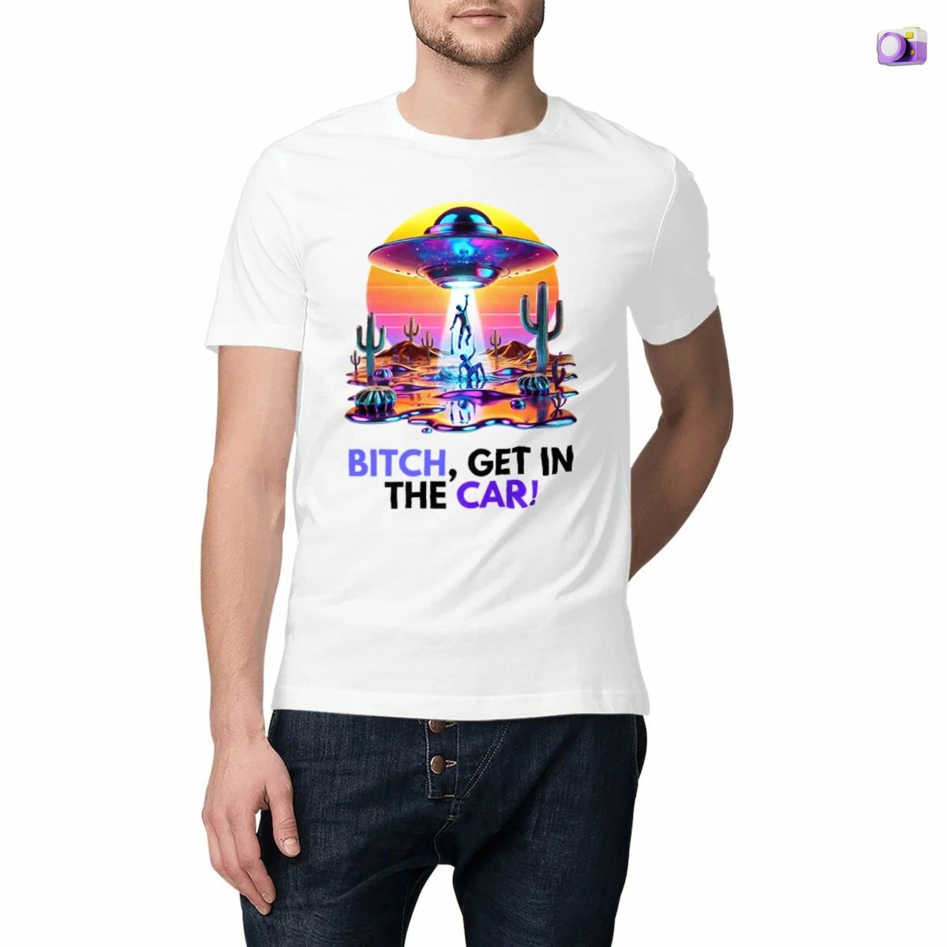 Bitch, get in the car Alien Abduction Shirt in white, made from organic cotton. Close up of the front view showcased by a male model.