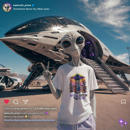 Alien standing in front of space ship wearing grey sweatpants and a white shirt with a colorful print. 