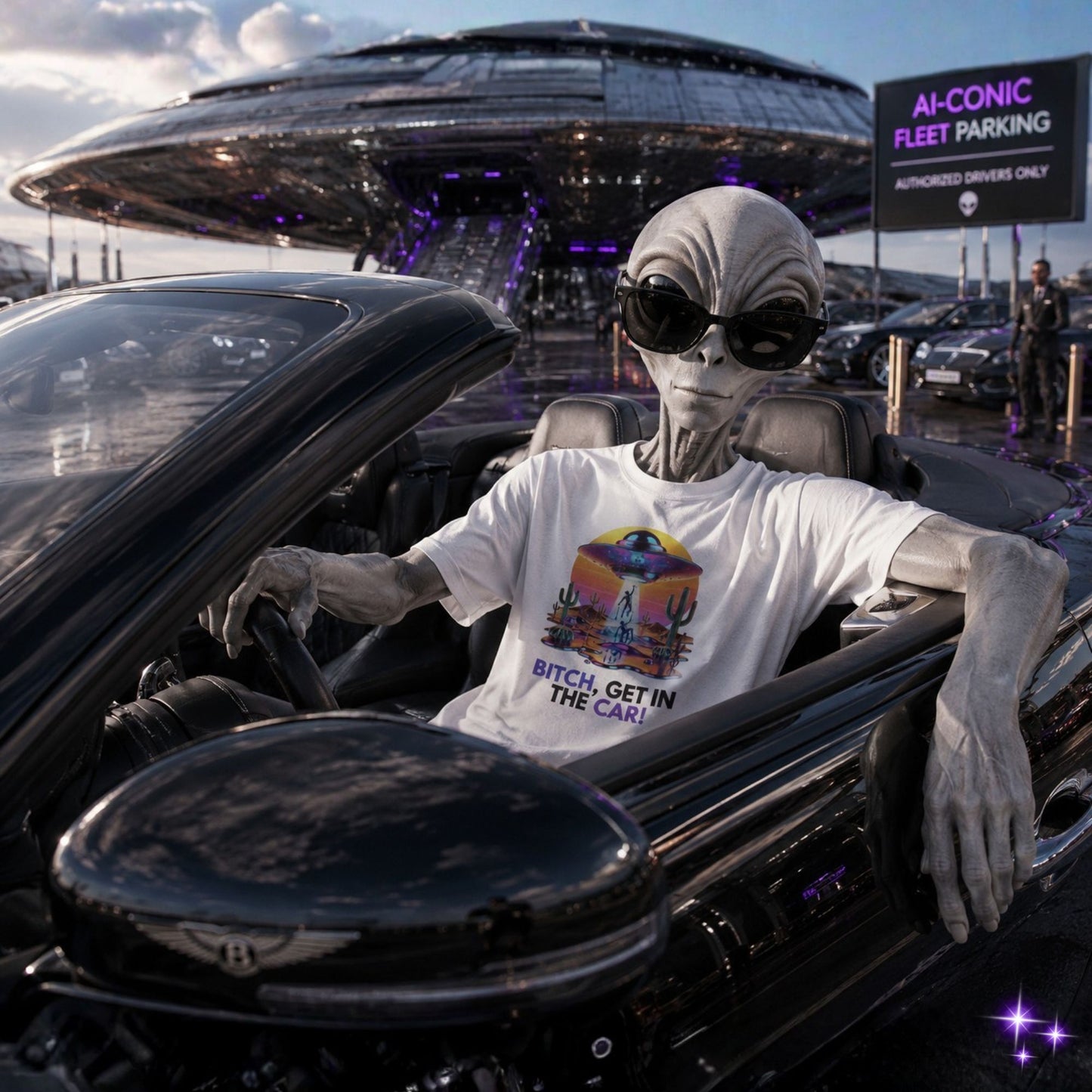Alien inside a car with a futuristic vehicle and 'AI-CONIC' sign in the background.