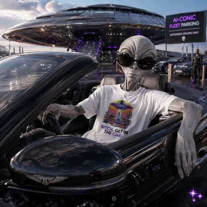 Alien inside a car with a futuristic vehicle and 'AI-CONIC' sign in the background.