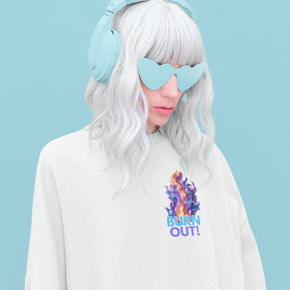 Burnout Sweatshirt in white, made from organic cotton. Model showcasing a front print close up. 