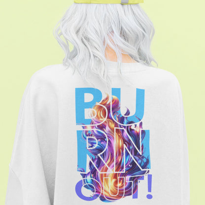 Burnout Sweatshirt in white, made from organic cotton. Back view showing print close up. 