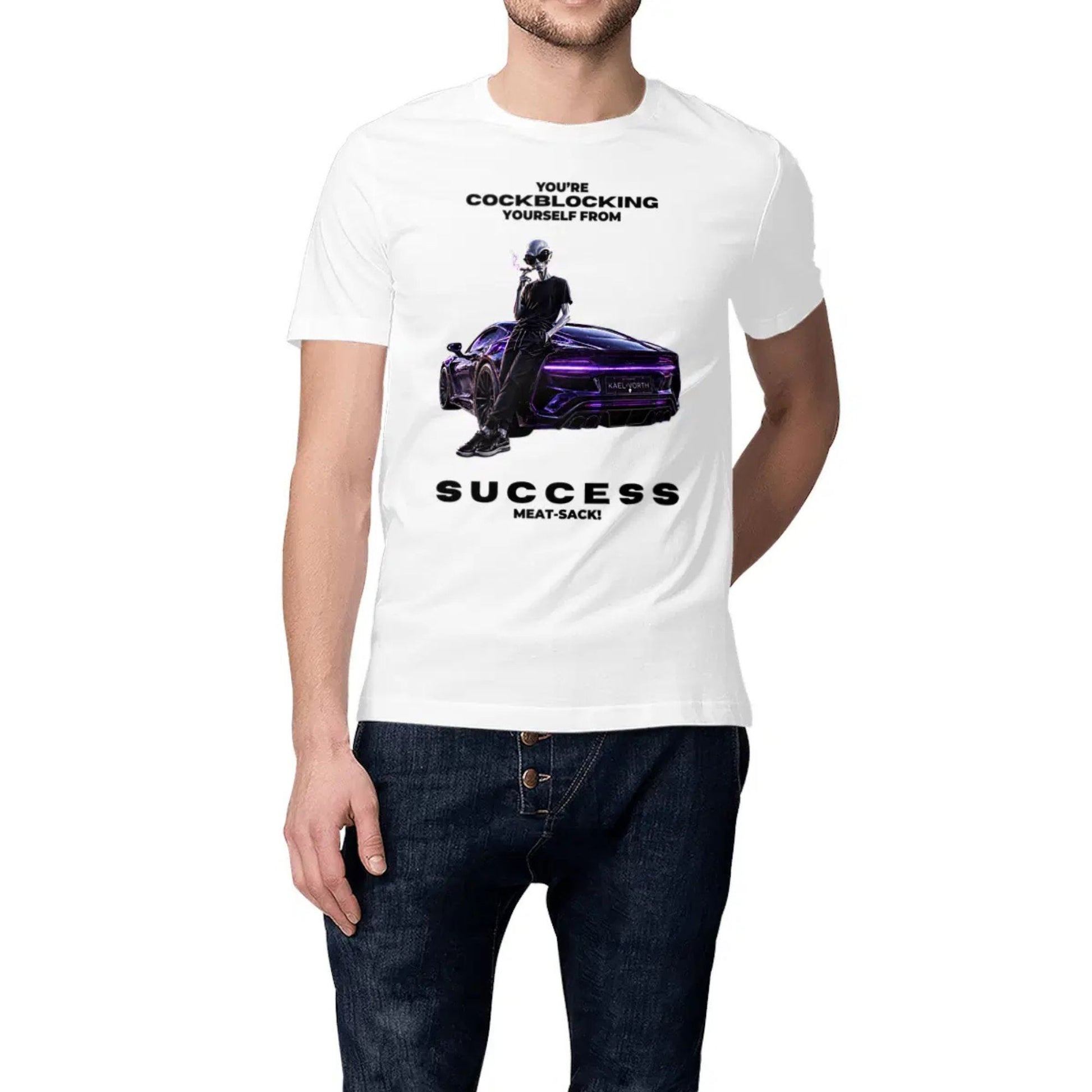 Person wearing a white t-shirt with a graphic design and text on a white background