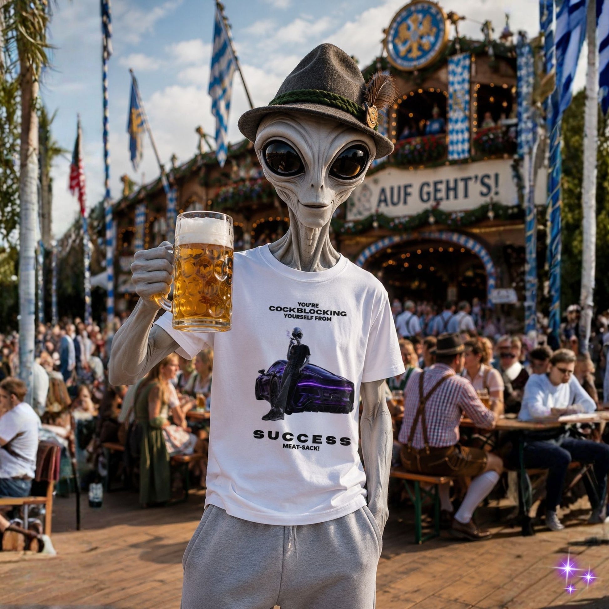 Alien holding a beer mug at a festive outdoor event with people and flags in the background.