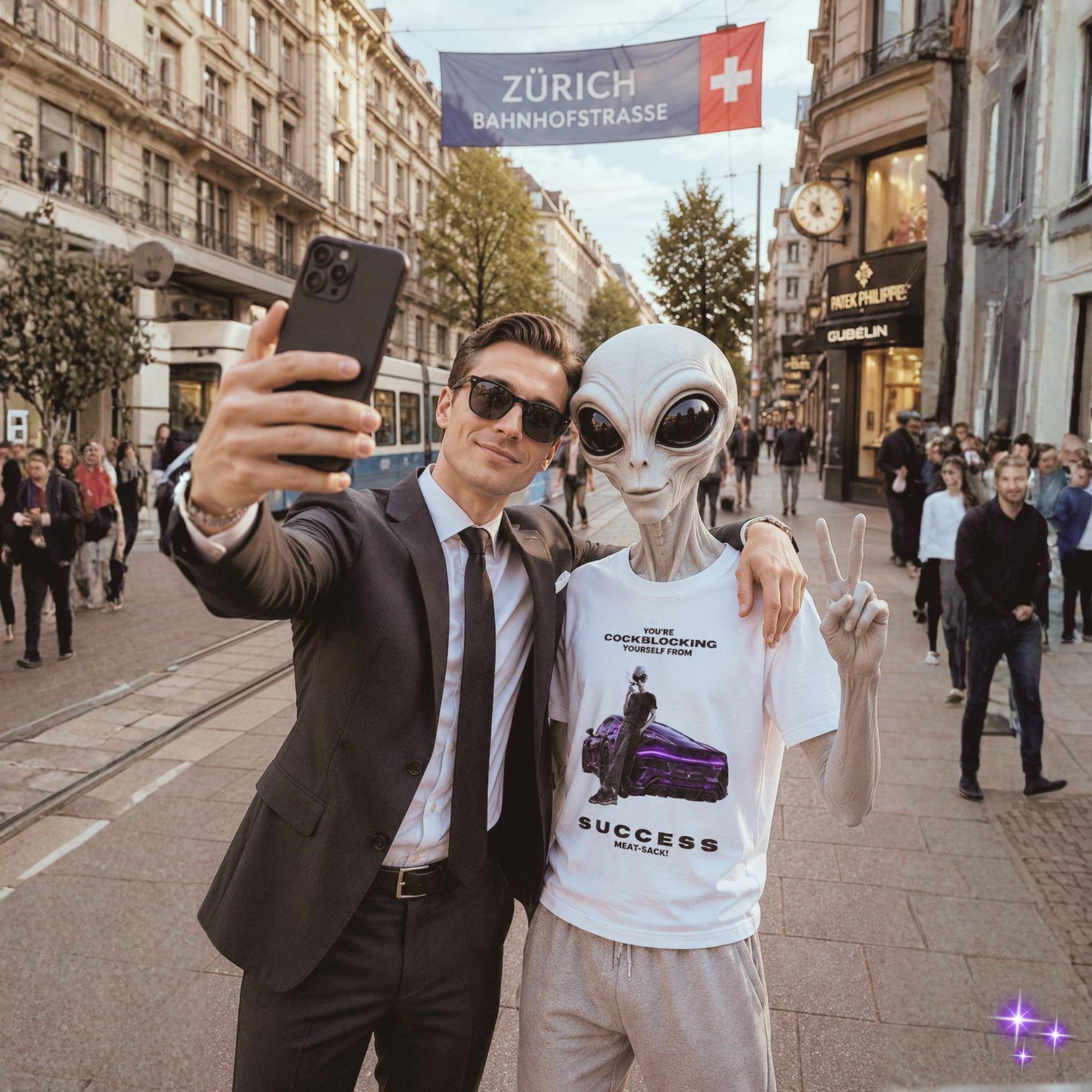 Two people taking a selfie on a city street with a banner reading 'Zürich Bahnhofstrasse' in the background.
