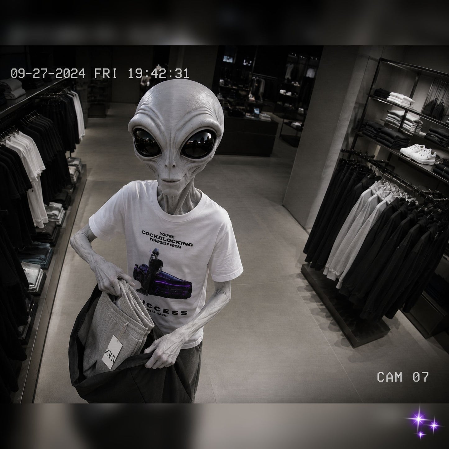 Alien figure wearing a t-shirt in a store setting with a timestamp overlay.