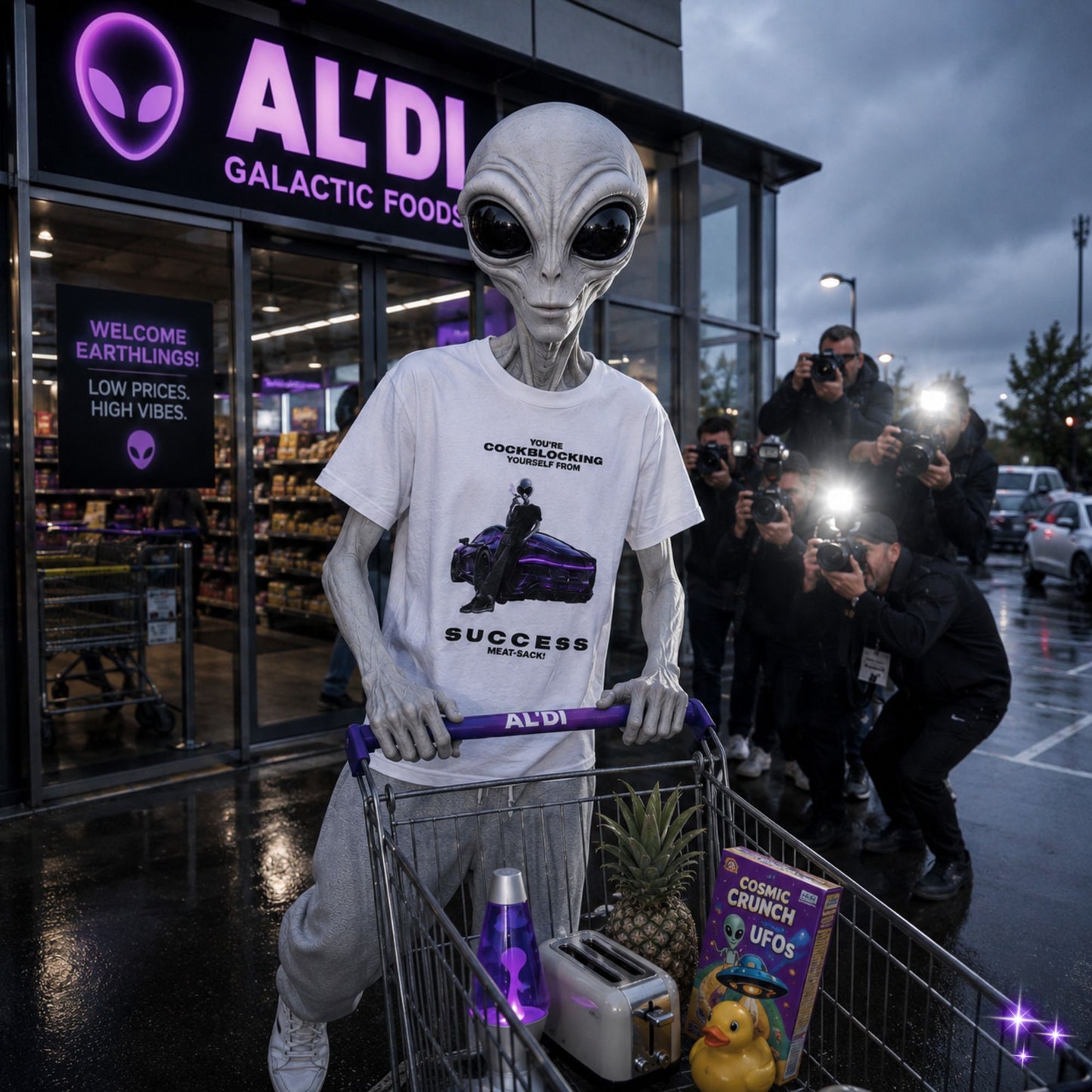 Alien figure with a shopping cart outside a grocery store with 'Galactic Foods' sign.
