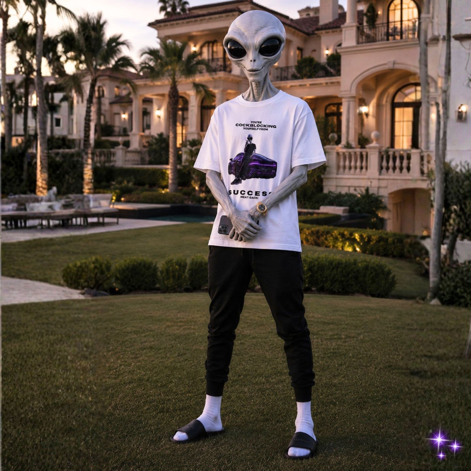 Alien standing in front of a mansion