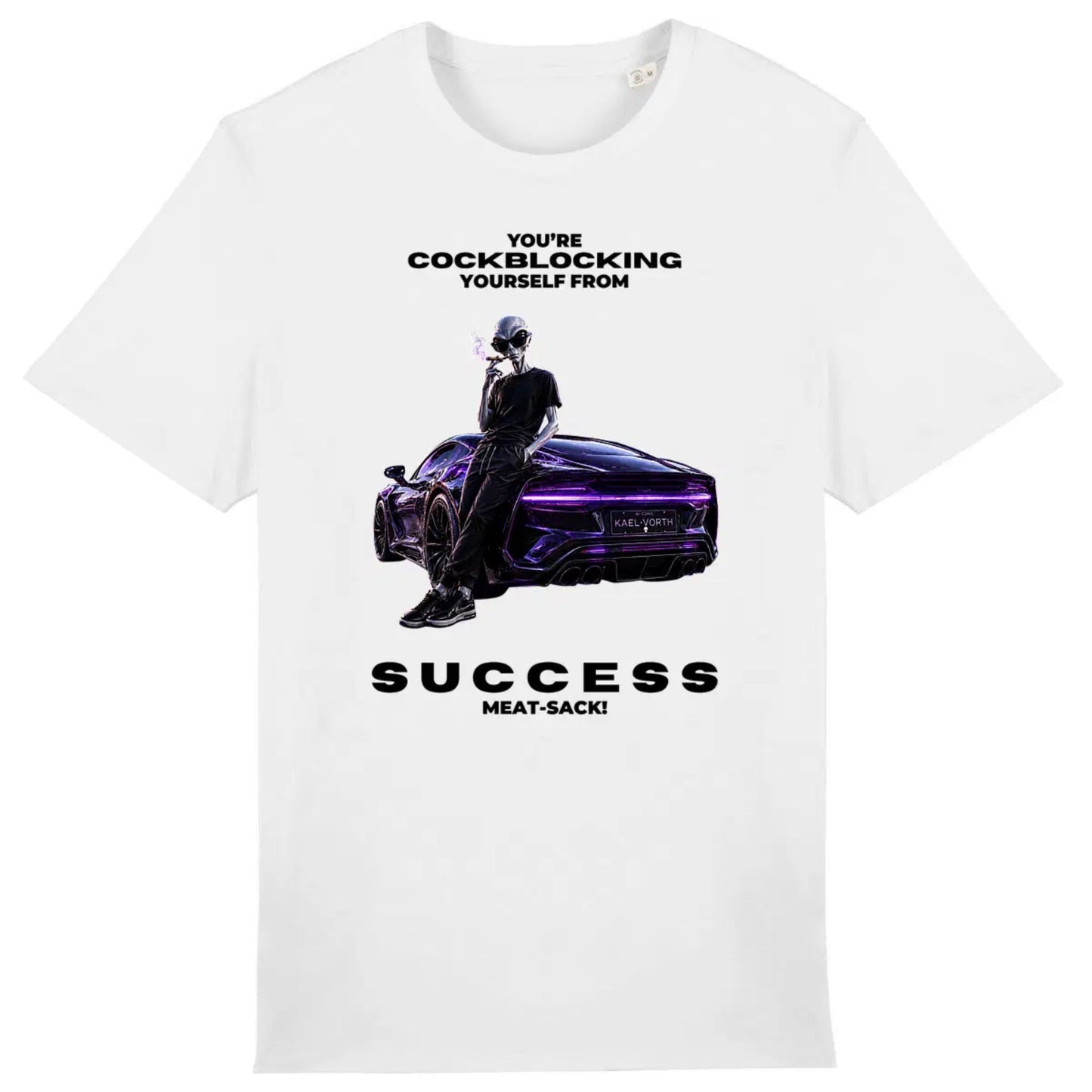 White t-shirt with graphic design and text on a white background