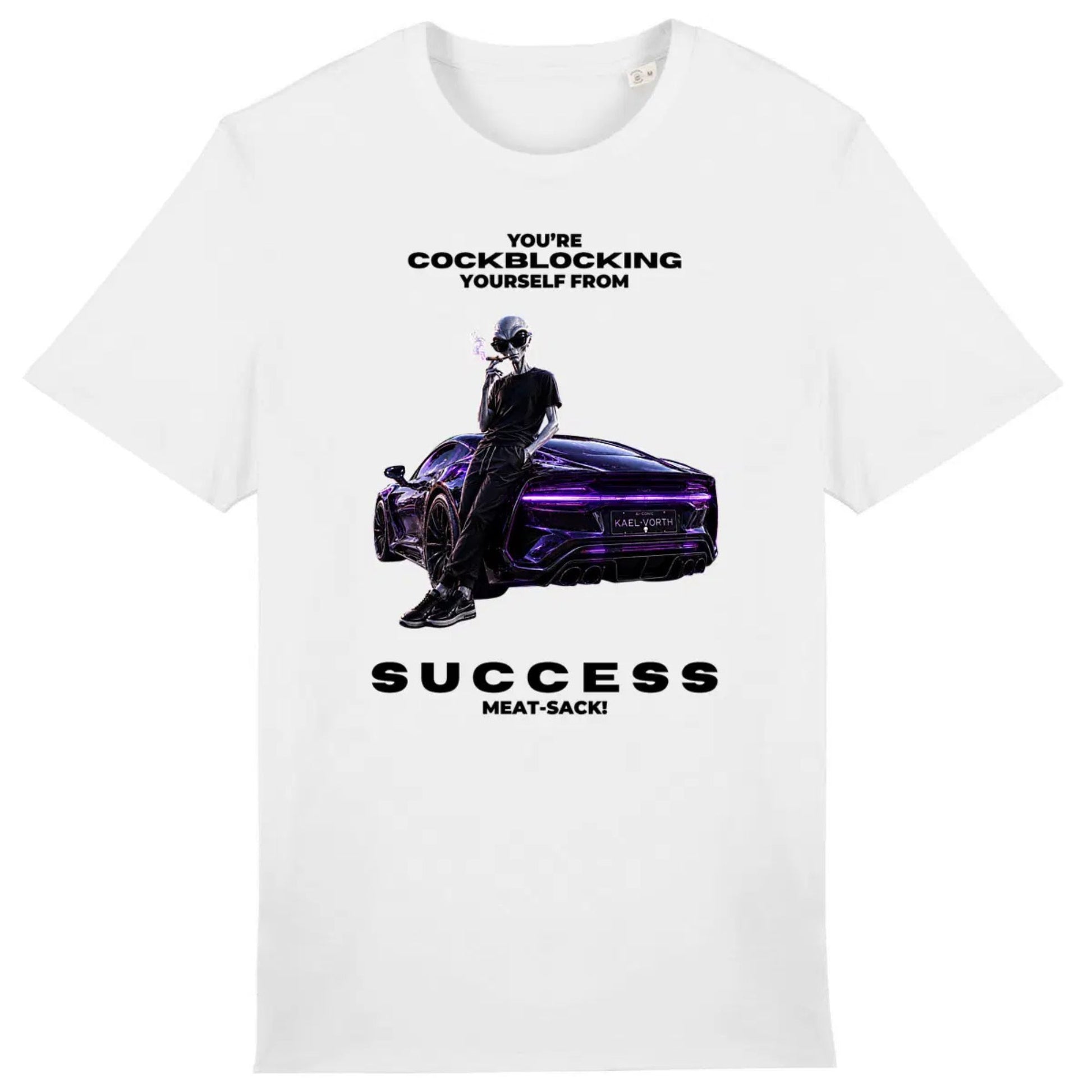 White t-shirt with graphic design and text on a white background